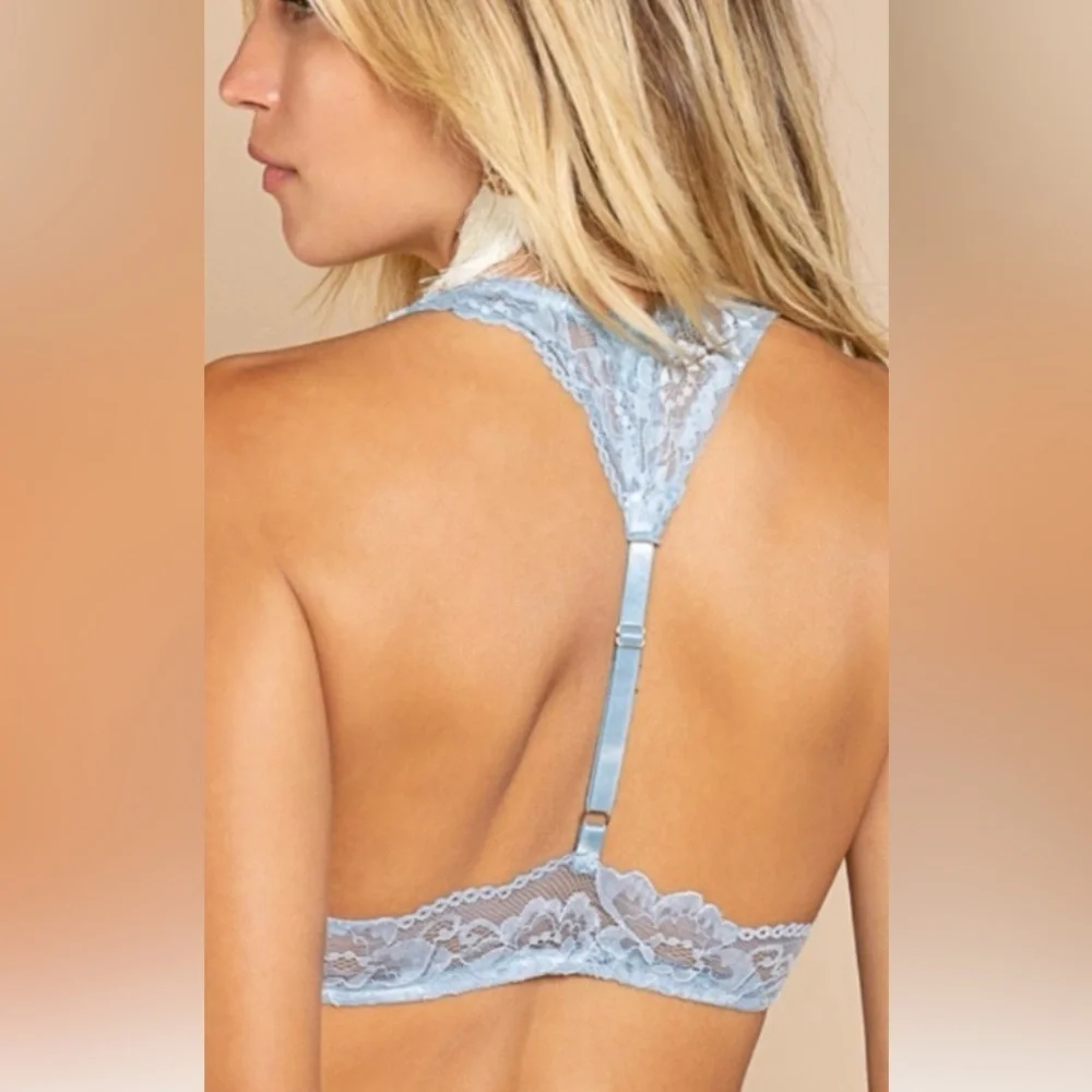 POL Blue Lace Halter Bralette with Racer Back Strap